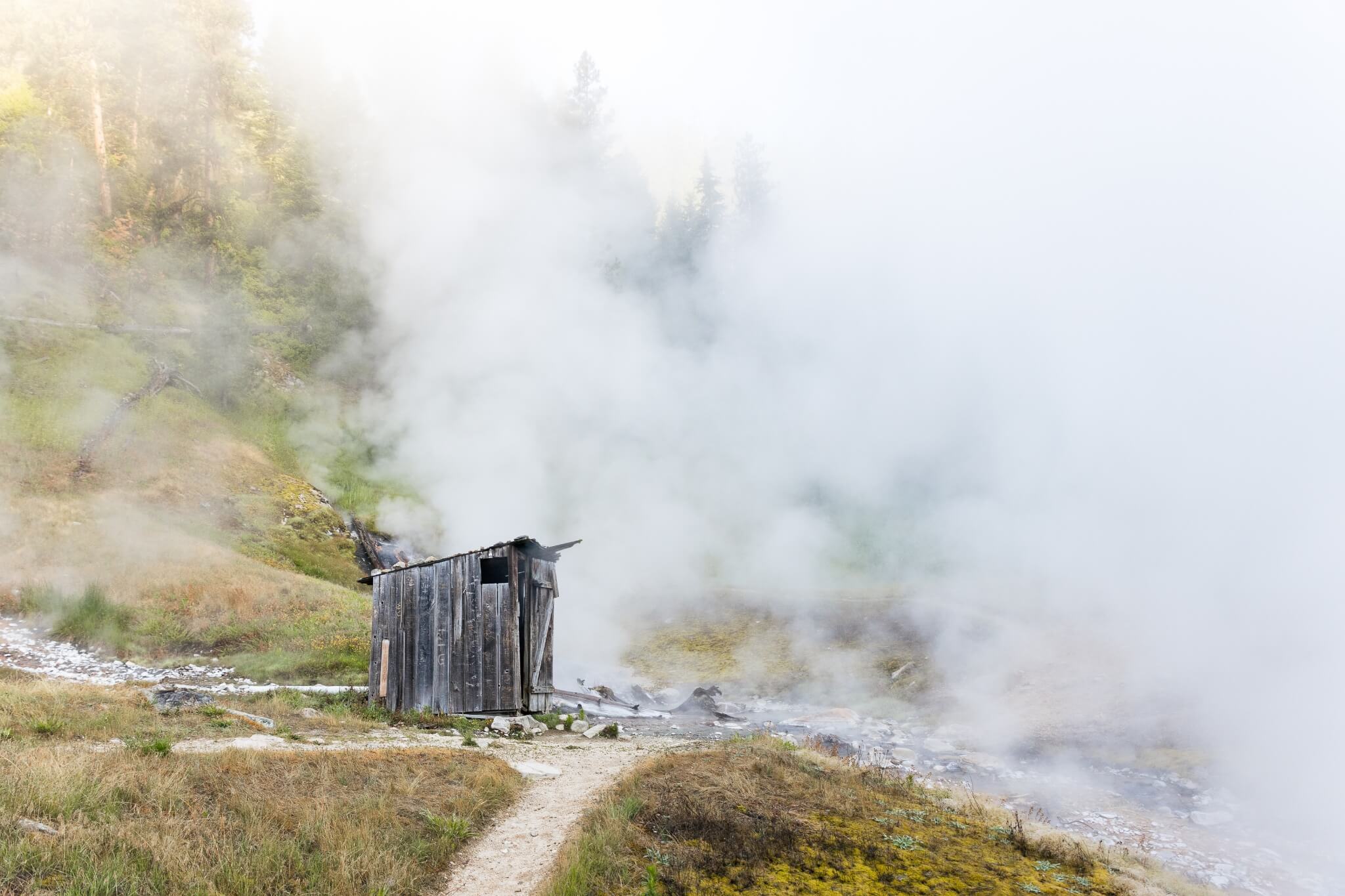 A rustic wooden soak shack sits on one side of a narrow dirt path. Thick white steam rises up from the ground all around, blocking most of the view of heavily wooded hills beyond the shack.