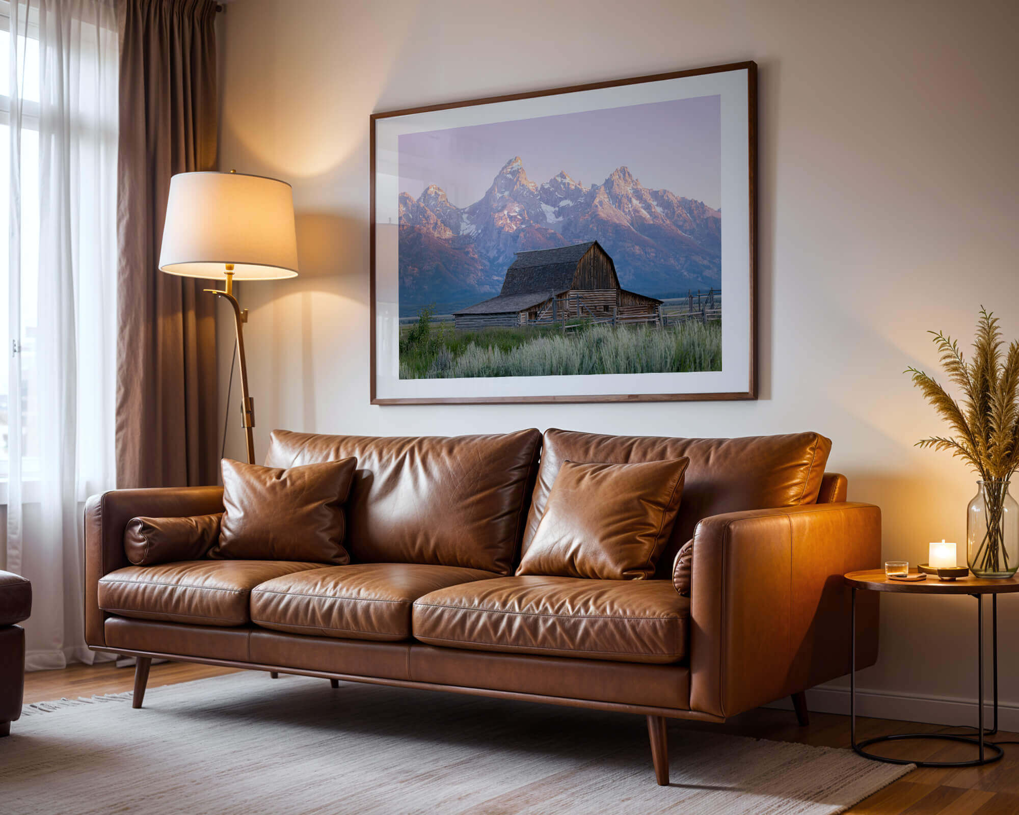 A framed photo of a barn in Grand Teton National Park over a couch
