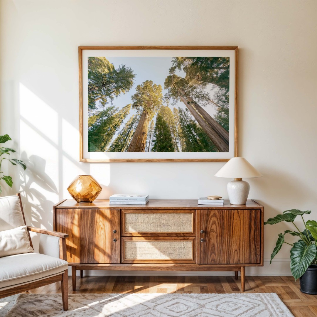 A framed photo looking up through the canopy of tall sequoia and evergreen trees on a wall above a piece of modern furniture