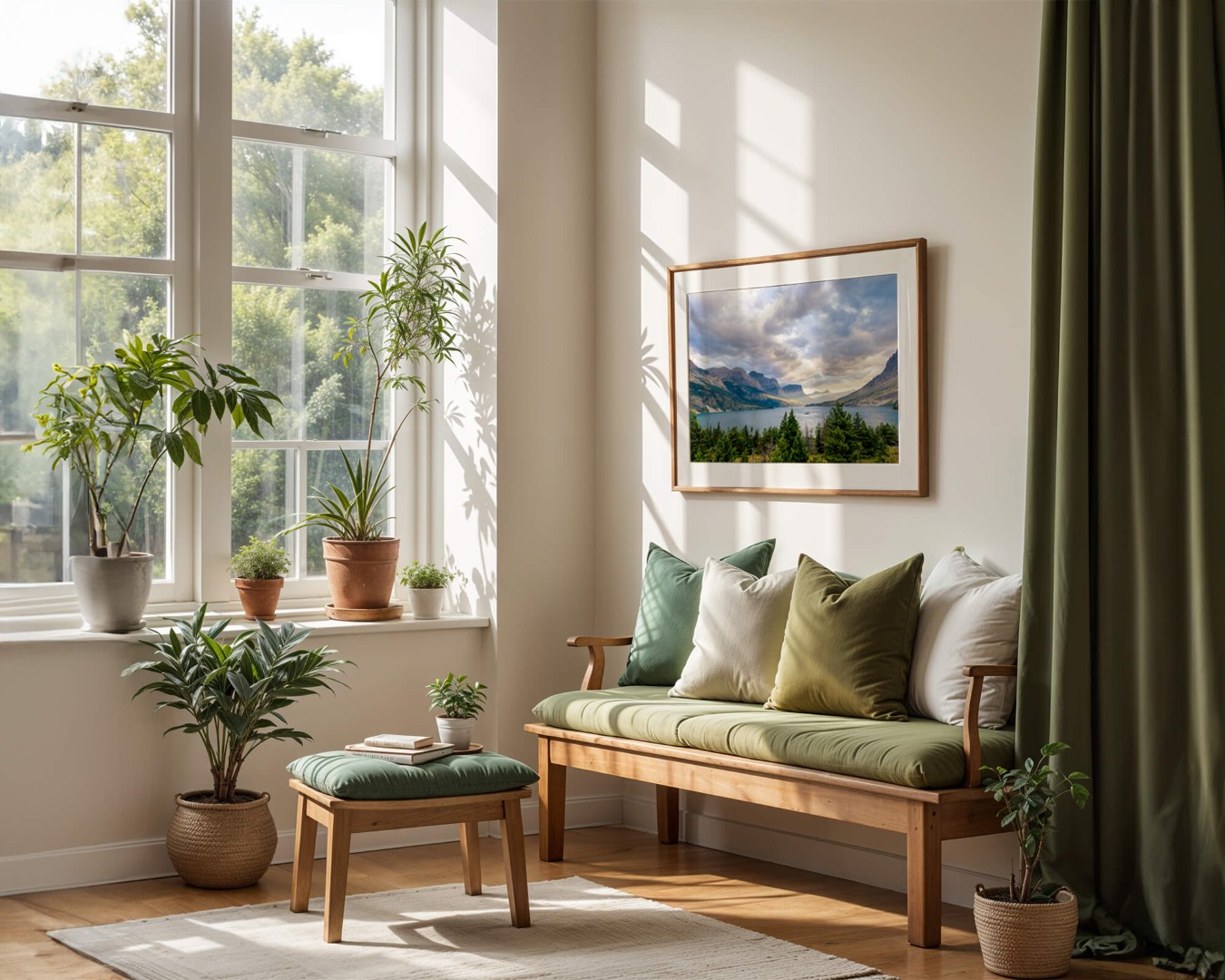 A framed photo of a sunset in Glacier National Park on corner wall above a couch with a window to the left