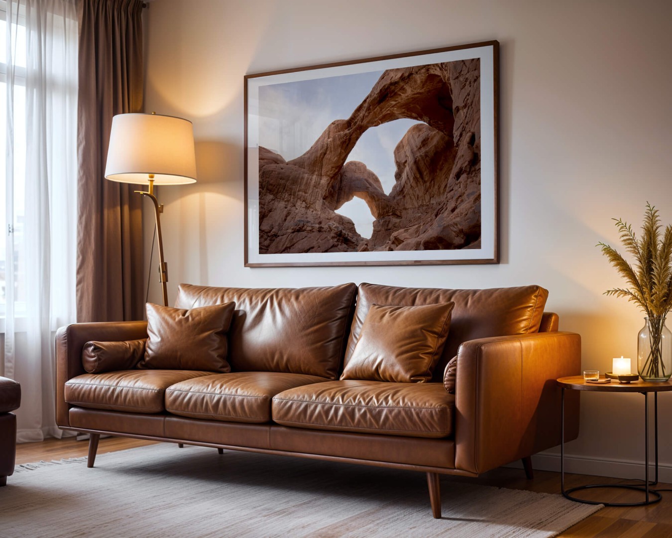A framed photo of Double Arch in Arches National Park hanging on a wall above a couch