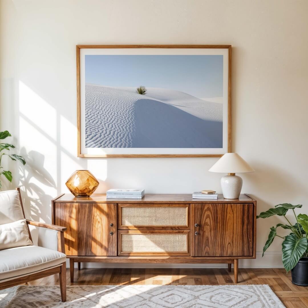 A framed photo of a single yucca plant in White Sands National Park hanging on a wall above a modern piece of furniture
