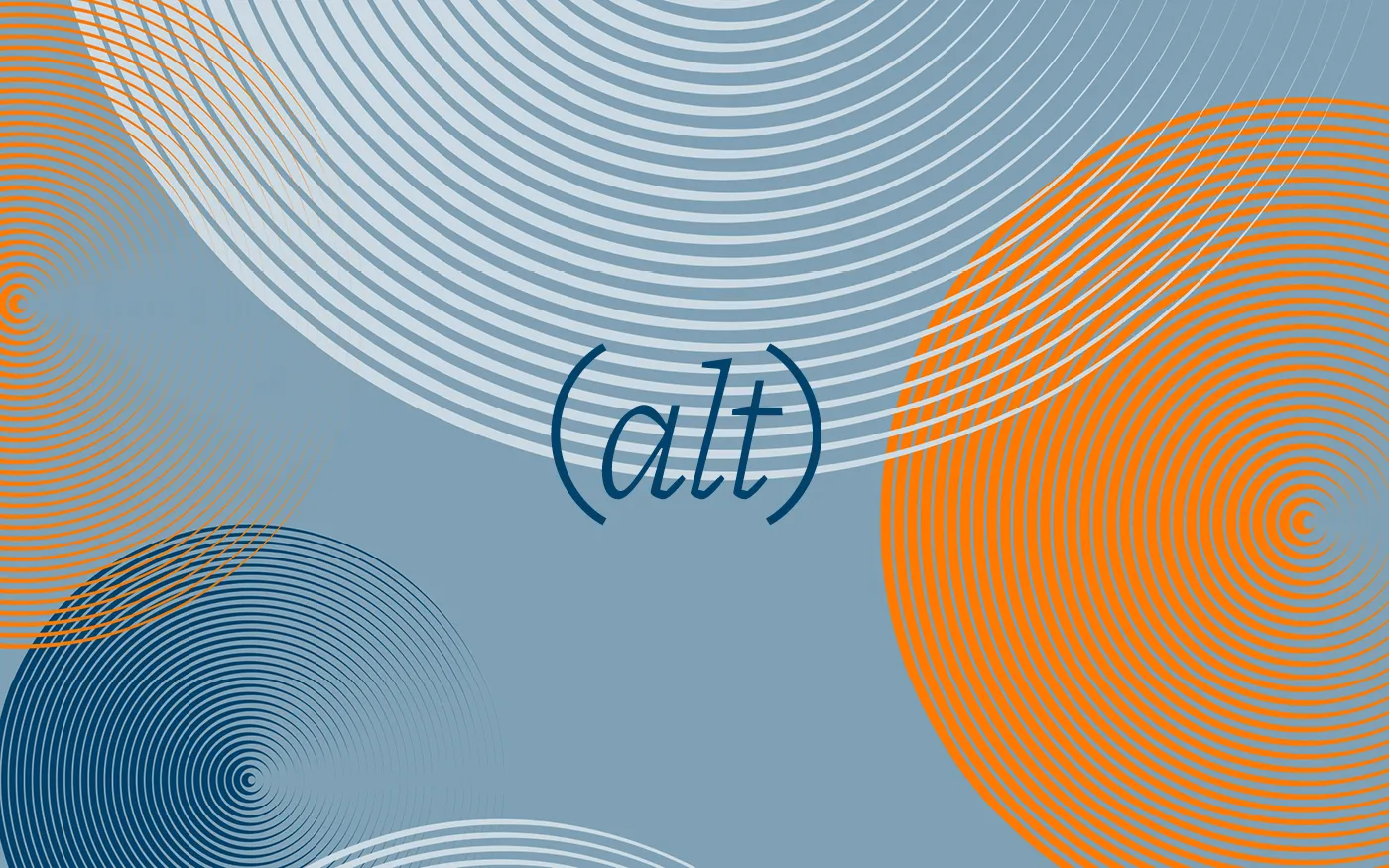 Abstract background with overlapping concentric circles in orange, navy, and white on a muted blue backdrop.