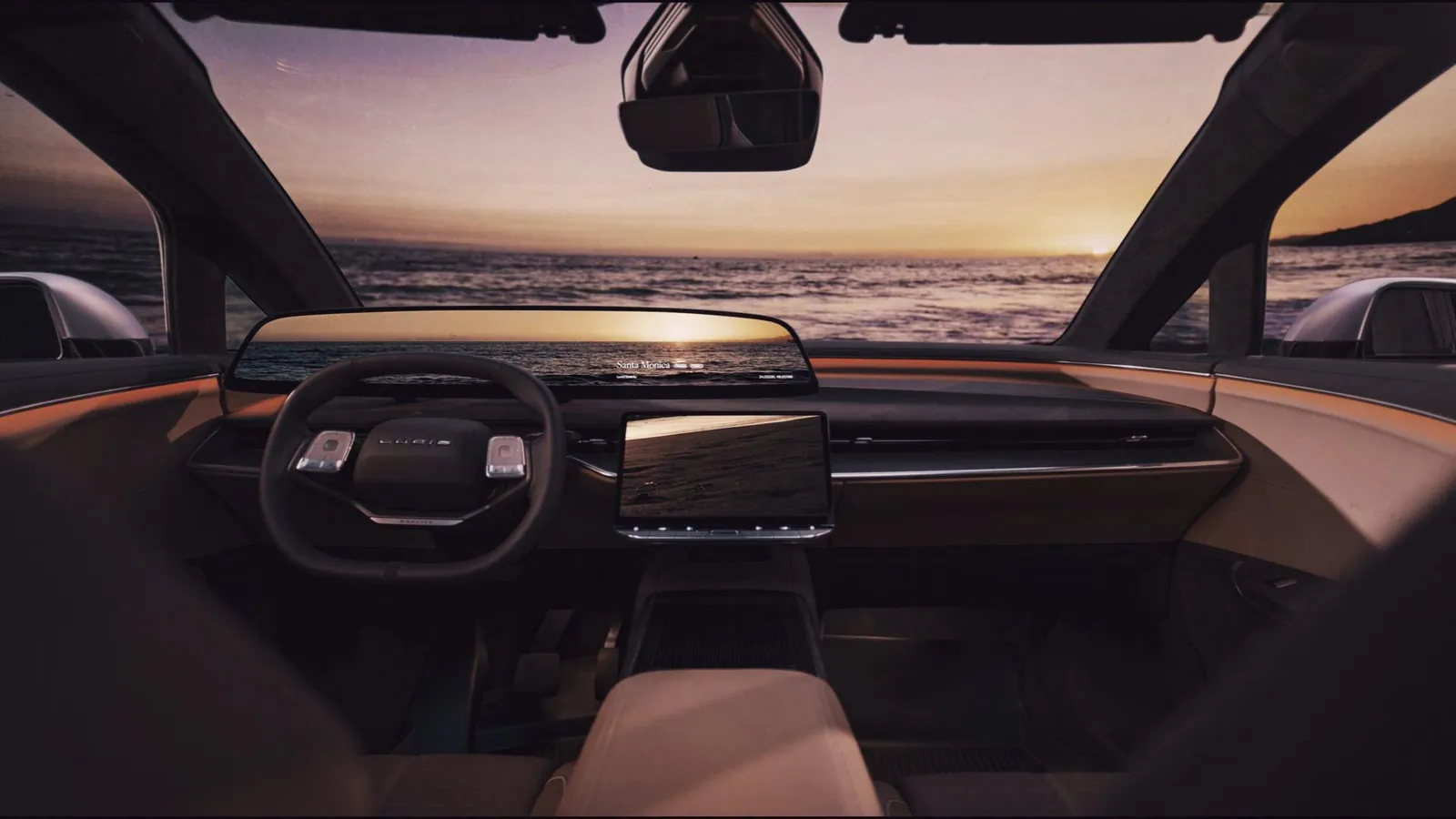 Lucid vehicle interior at sunset with the in-car display