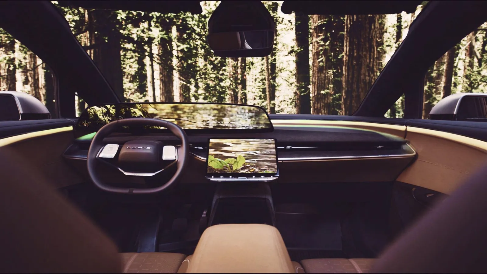 Lucid in-car display playing Meditopia nature content surrounded by forest