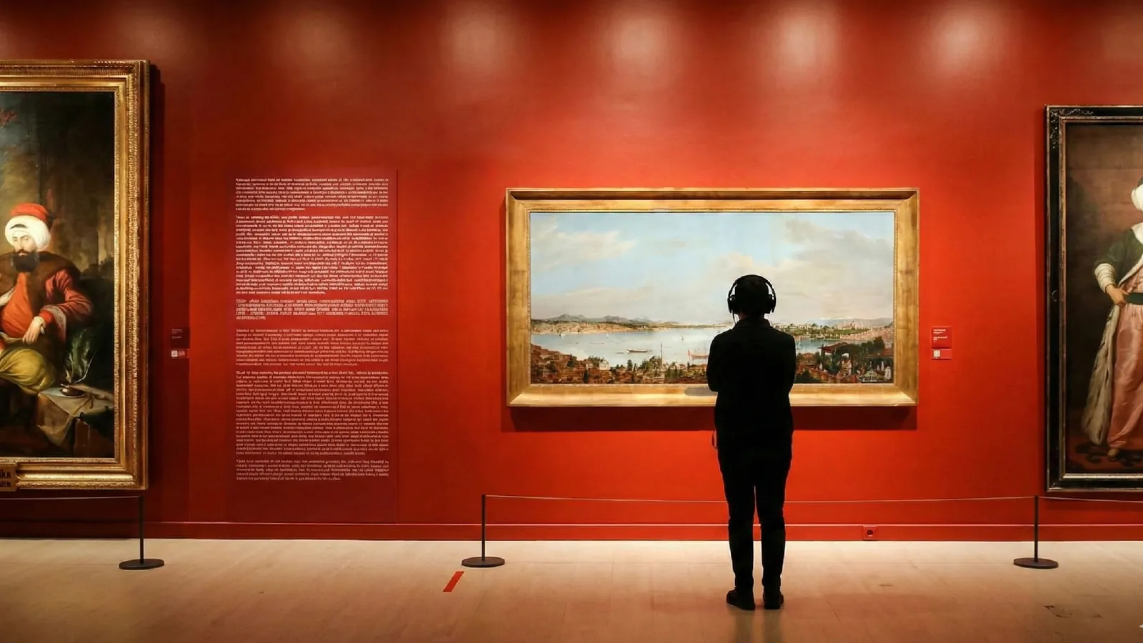 A visitor with headphones standing before Istanbul Panorama at Pera Museum