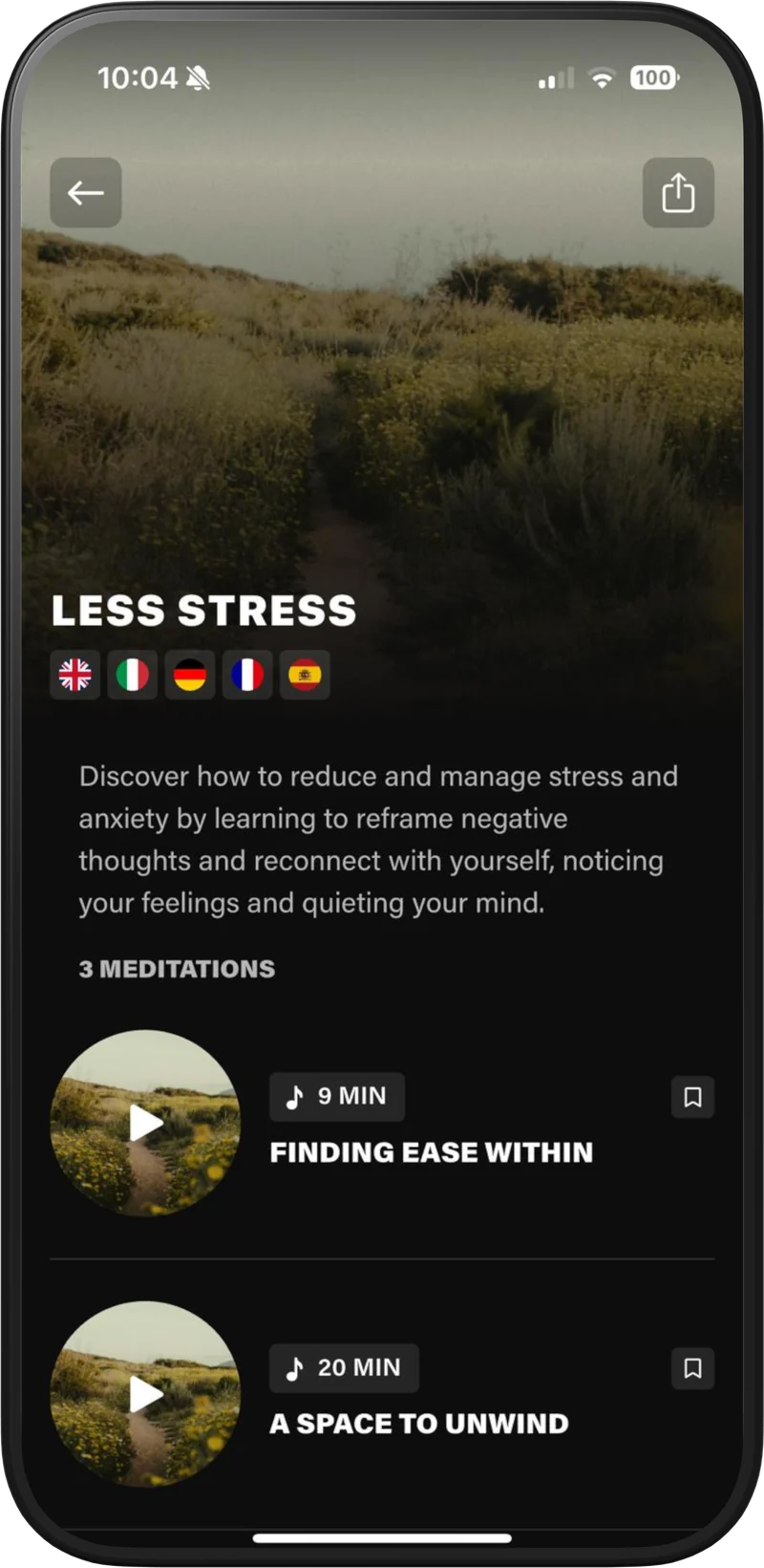 Meditopia Less Stress meditation series inside the Technogym app