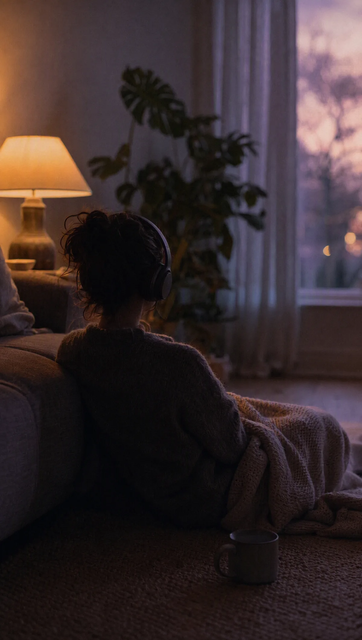 A person listening to Meditopia content at home in the evening