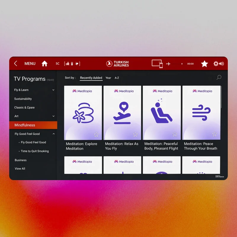 Meditopia Mindfulness category inside the Turkish Airlines in-flight entertainment menu