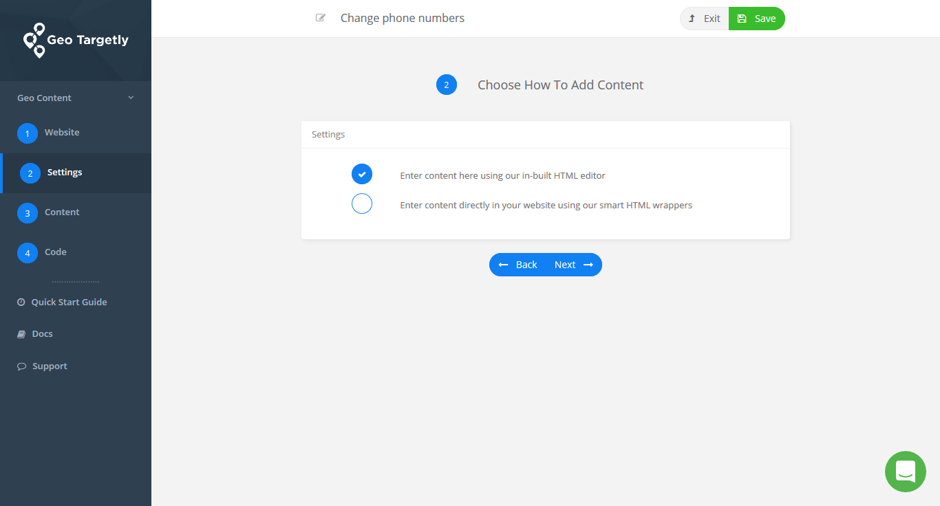 choose whether you want the phone numbers to be entered in Geo Targetly or directly in your website