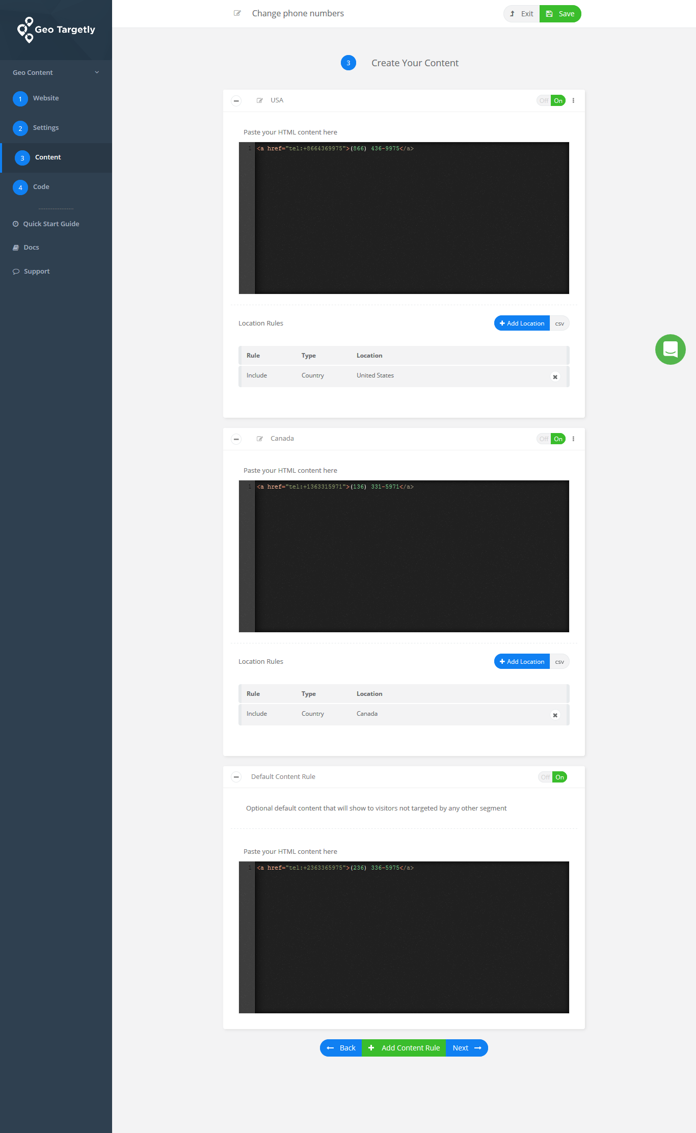 for each country, add a phone number that needs to be displayed in your website