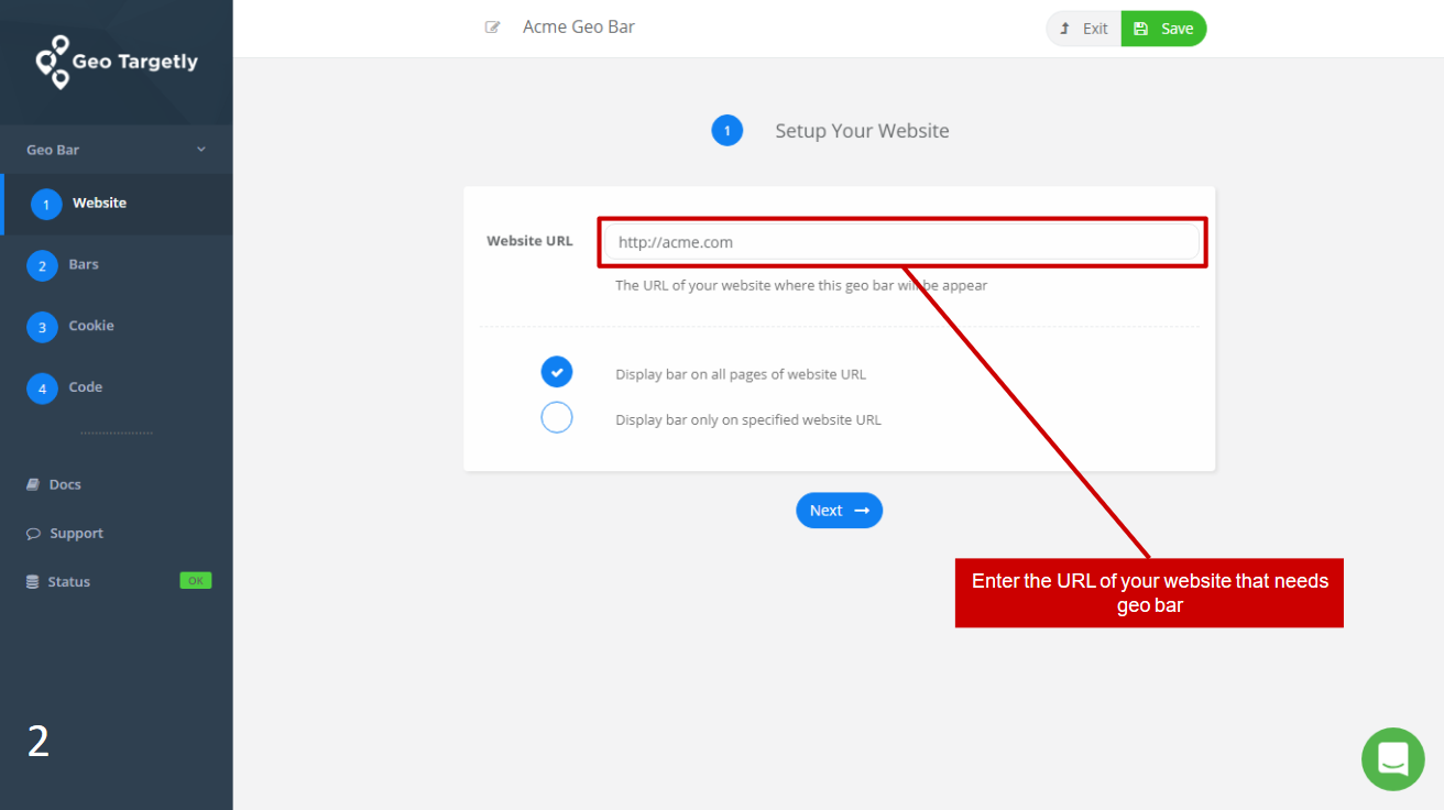 enter your website which you need the geo targeted bar to show in