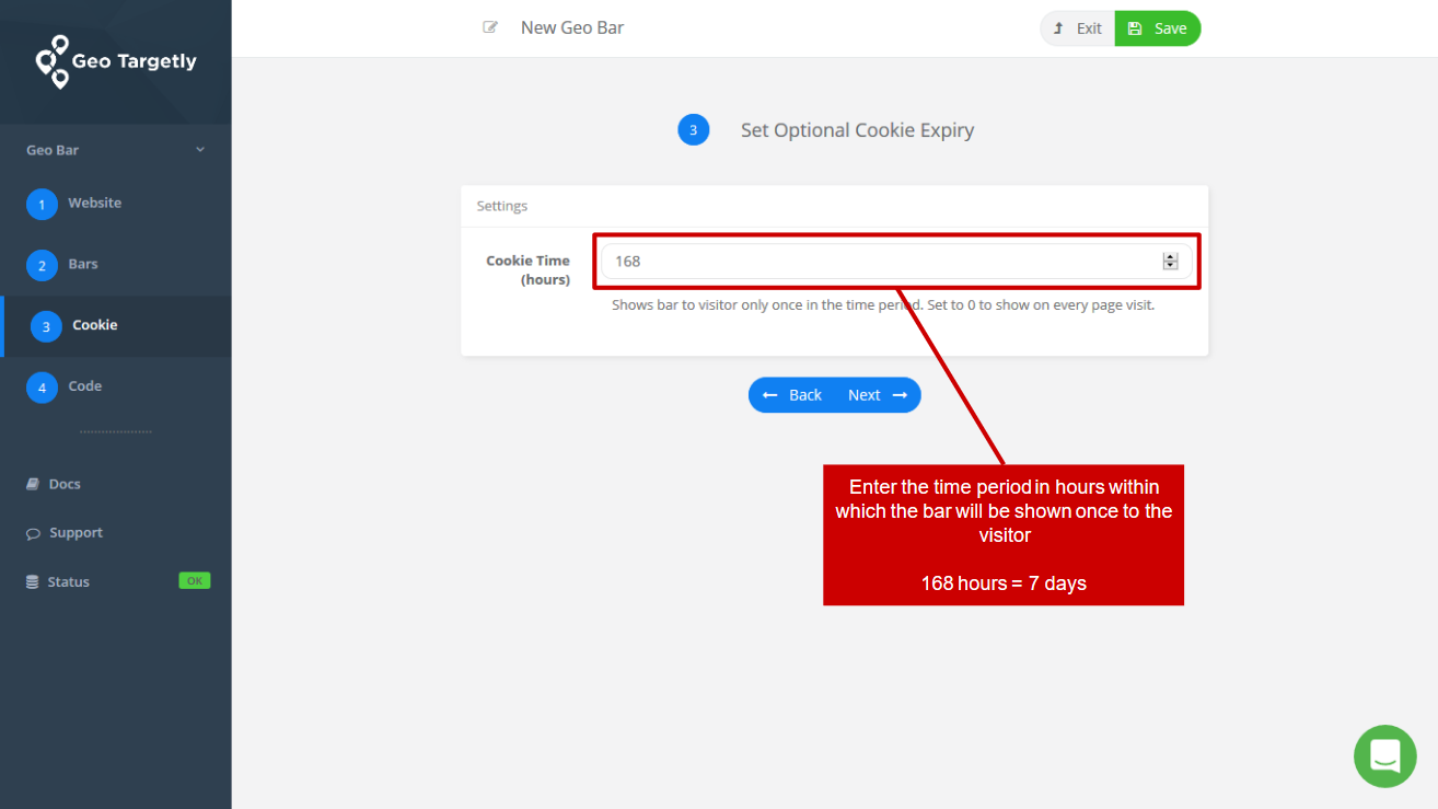 set a cookie time to ensure the geo targeted bar is only shown once to visitors