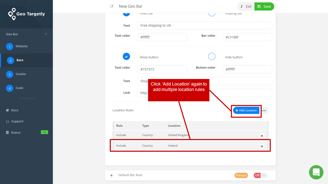 add locations to show your geo targeted bar