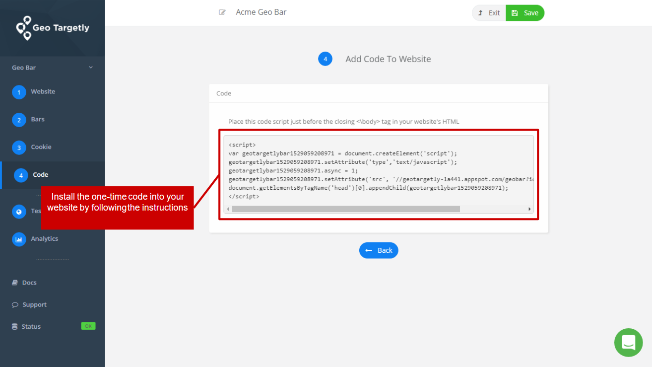 copy the geo targeted bar code snippet and add it to your website body