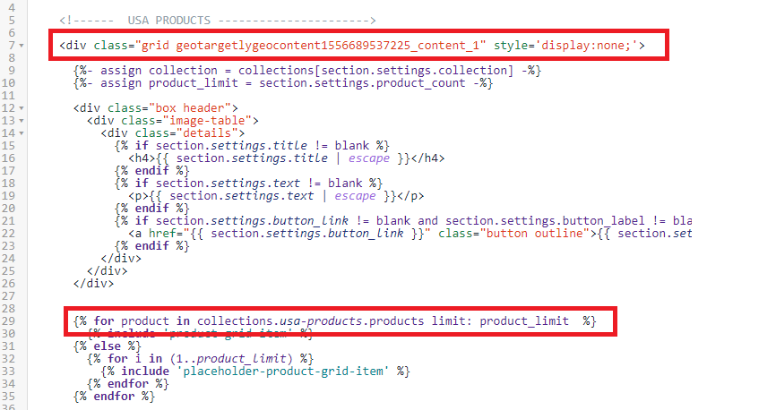 Add the geo content classes to the Shopify grid and set the for loop to display collections from the geo targeted location