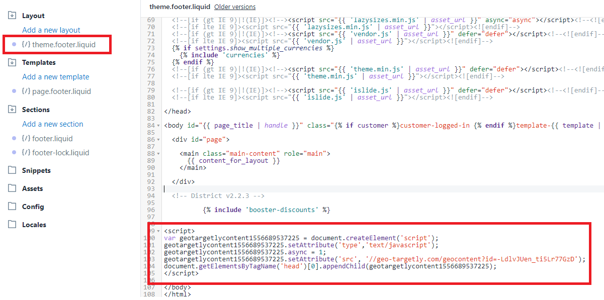 paste geo content code snippet in Shopify code footer