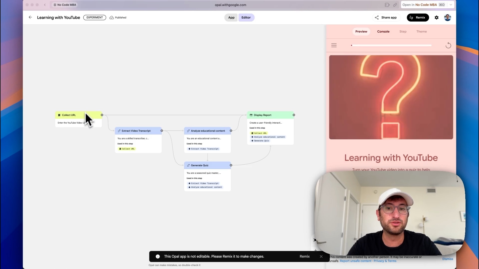 YouTube Quiz maker on Opal