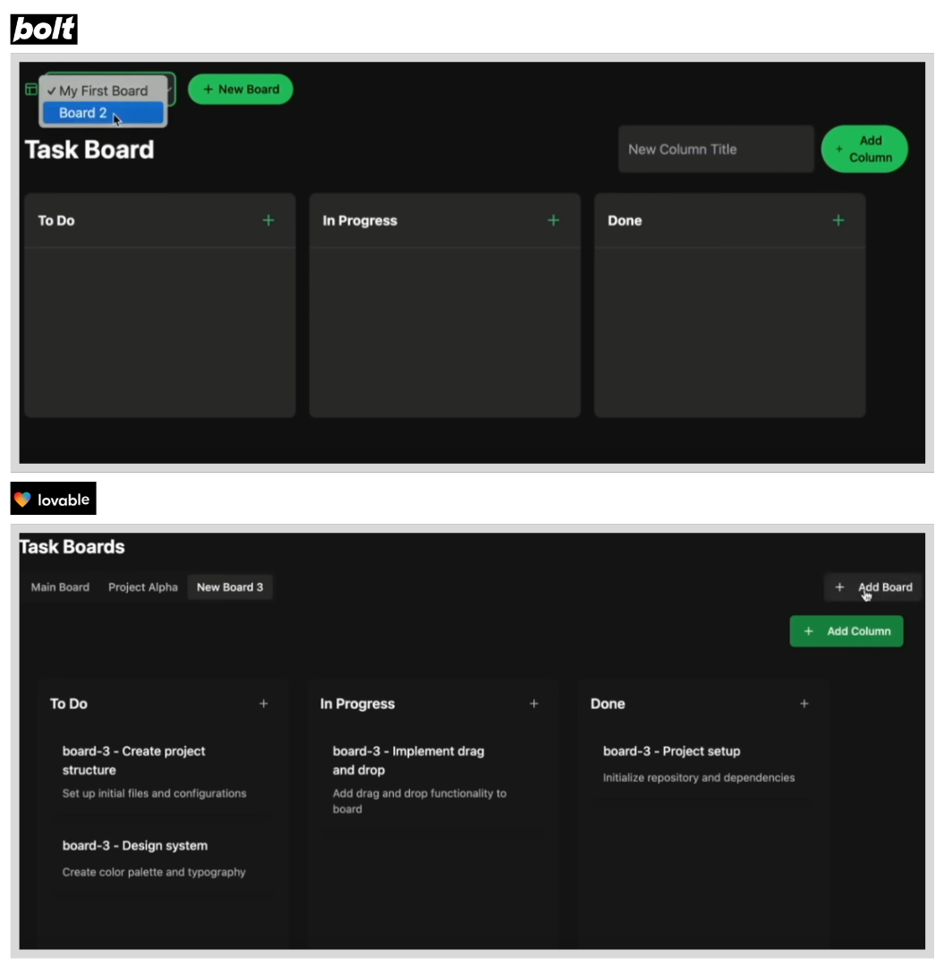Bolt vs Lovable multiple boards feature comparison