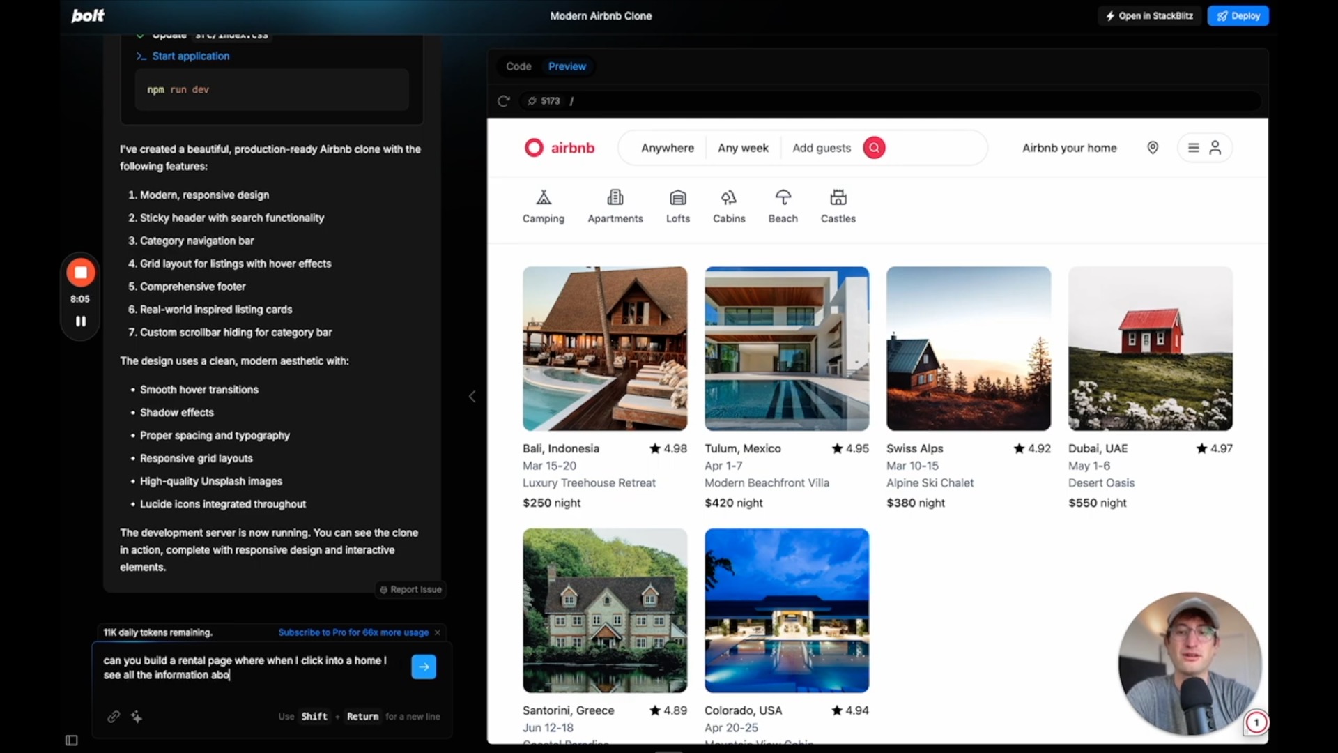 Here is Bolt producing an Airbnb clone.