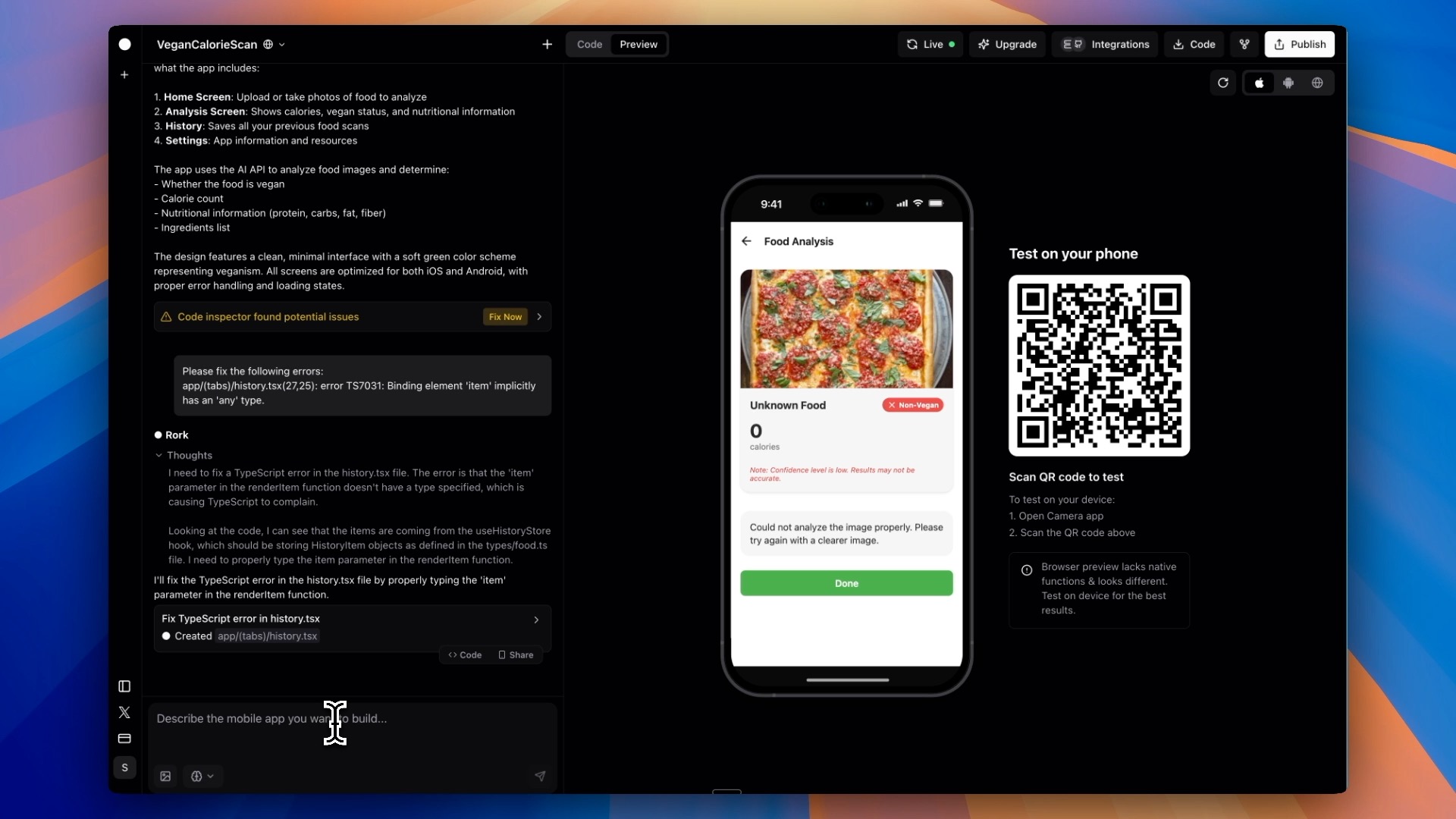 Rork's app building interface