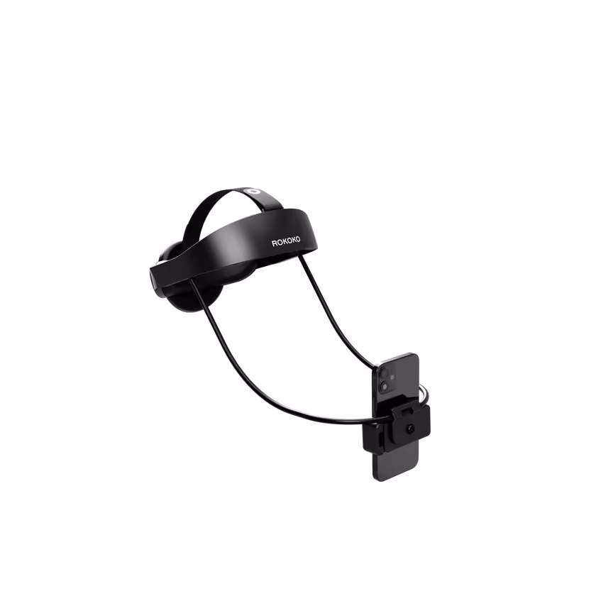 Rokoko Headrig - a lightweight black head-mounted rig with an overhead strap and adjustable arms holding a smartphone in front of the user’s face, used for high-quality facial motion capture.