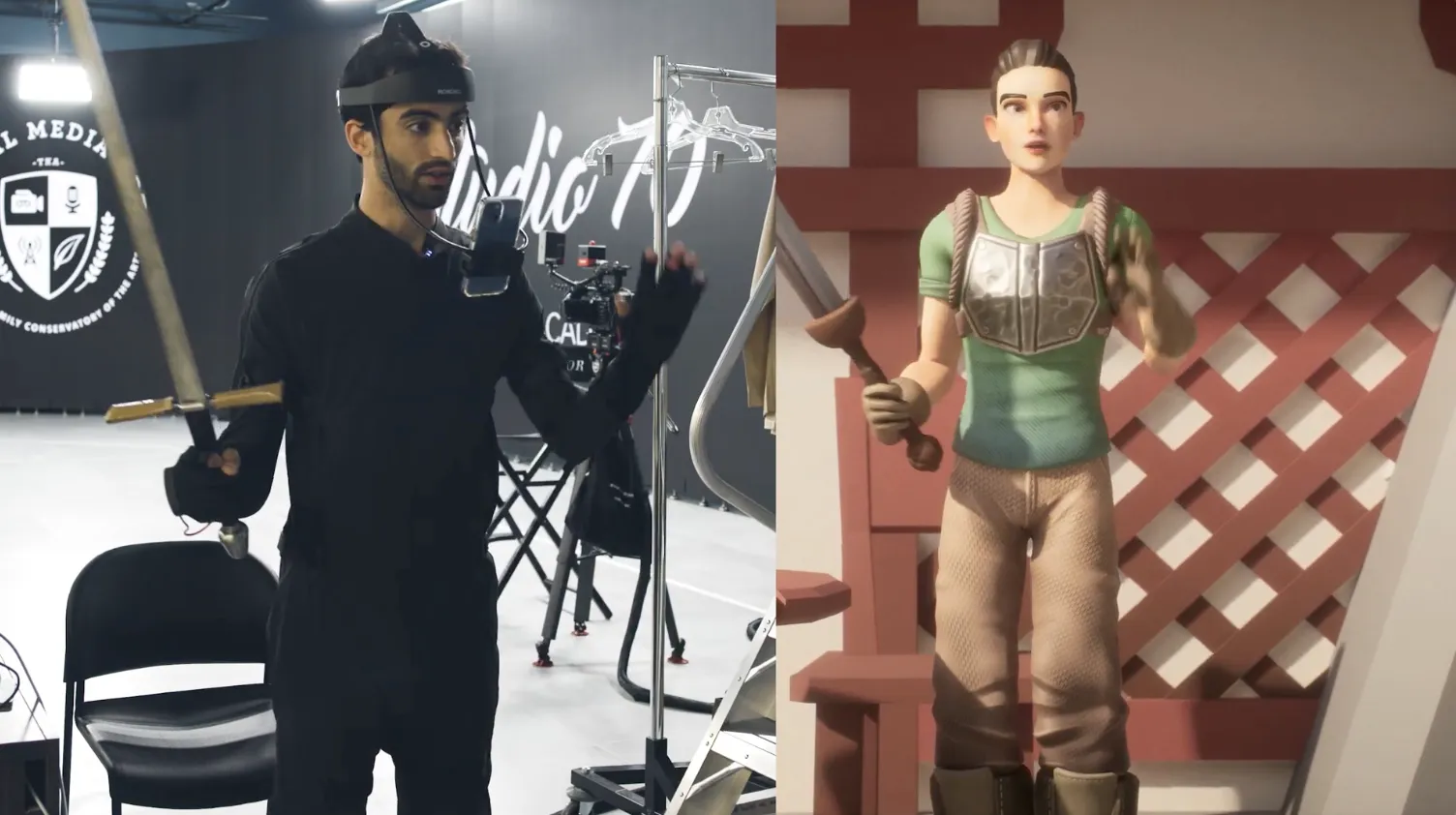 Creator wearing Rokoko’s full mocap setup, including Smartsuit Pro II, Smartgloves, and Headrig, alongside animated 3D character driven by captured motion data.