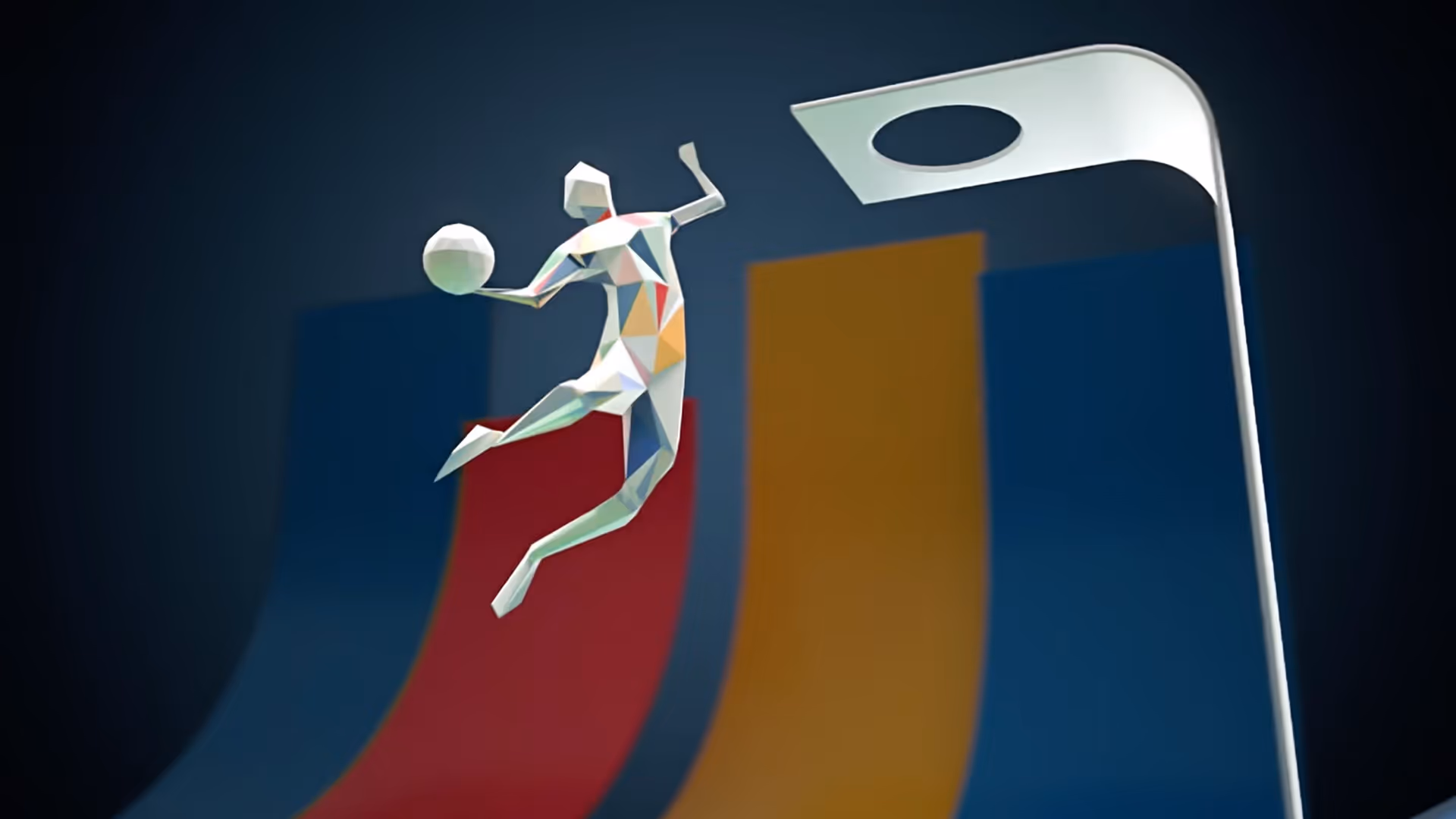 Animated human character slam dunking a basketball in the air showcasing Rokoko's use cases for health, sports and research industries