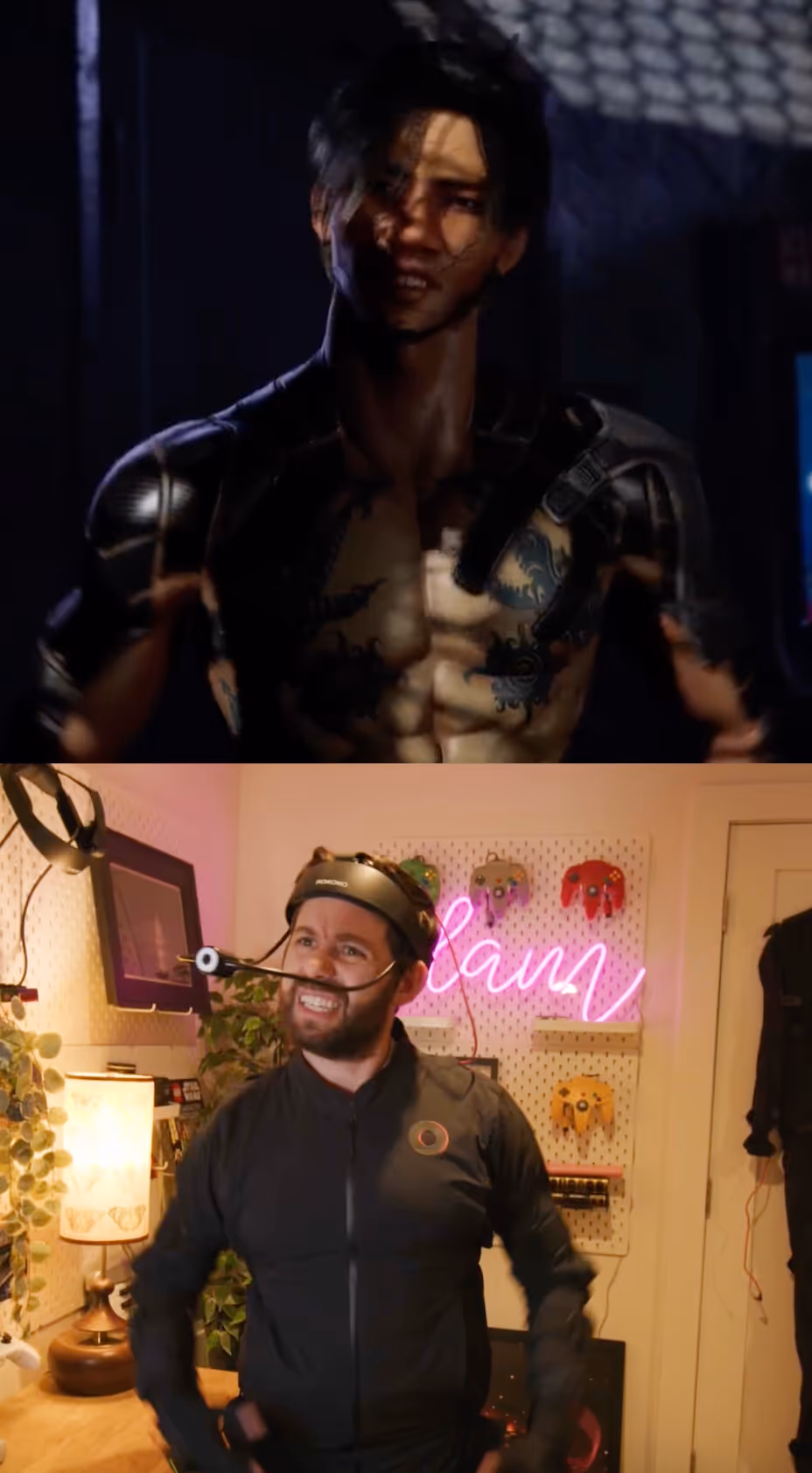 Man wearing a Rokoko motion capture suit and Headcam to record facial expressions, shown alongside the animated 3D character driven by his performance.