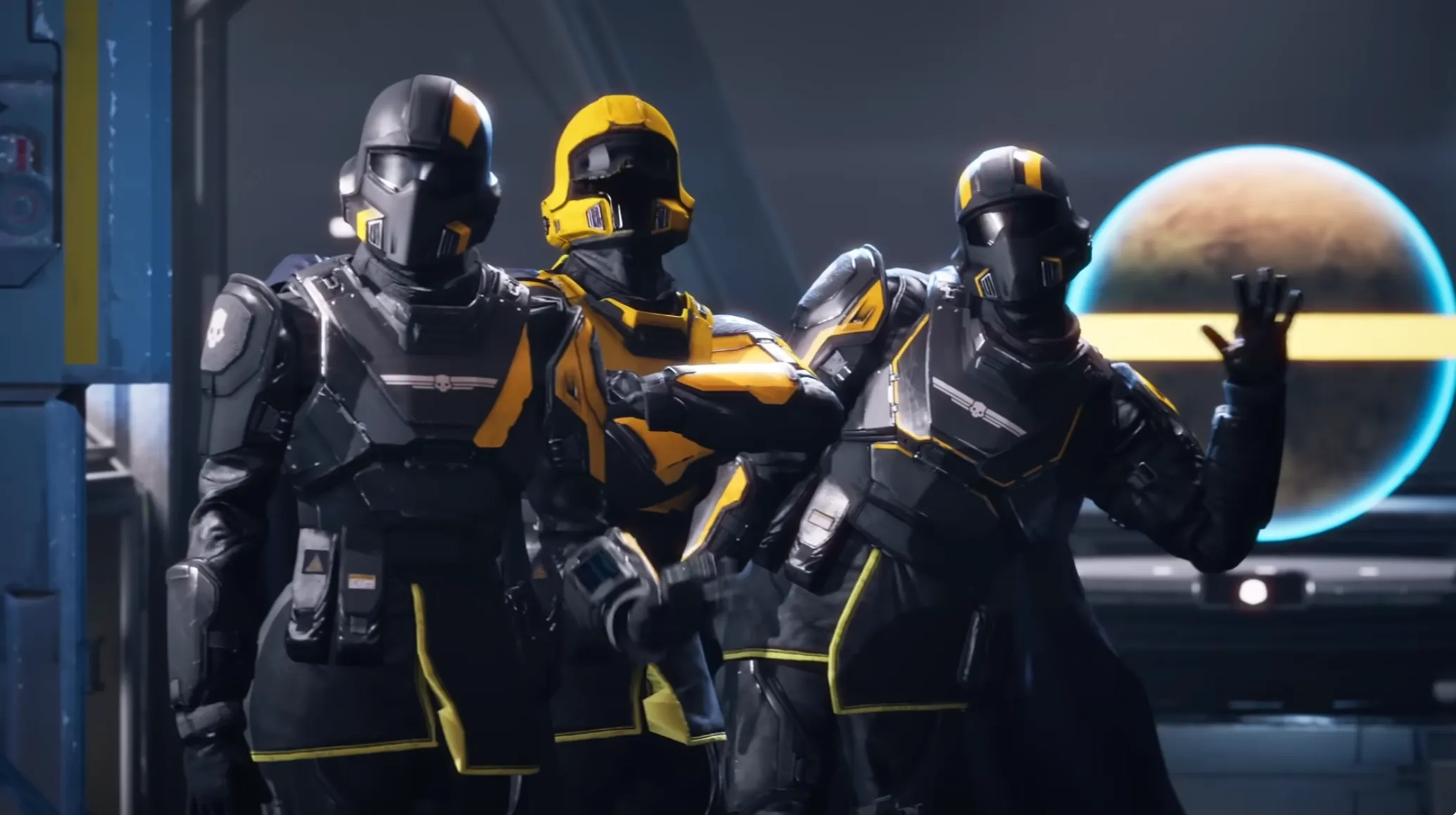 Three armored sci-fi soldiers from Helldivers game in black and yellow suits standing in a spaceship corridor, from a short fan film animated with Rokoko motion capture.