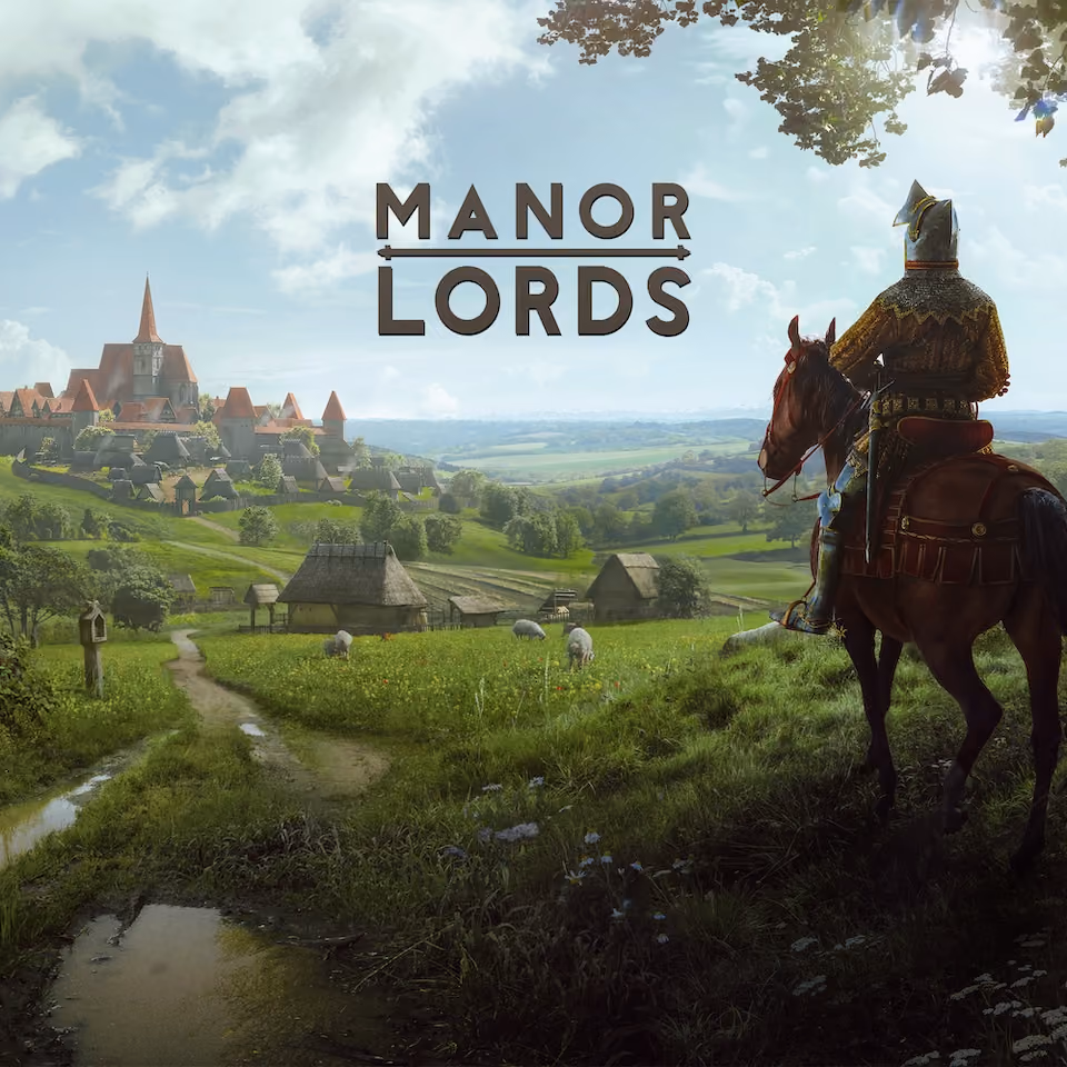 Manor Lords key art: a mounted knight overlooking a medieval village and farmland, with the game's title logo.