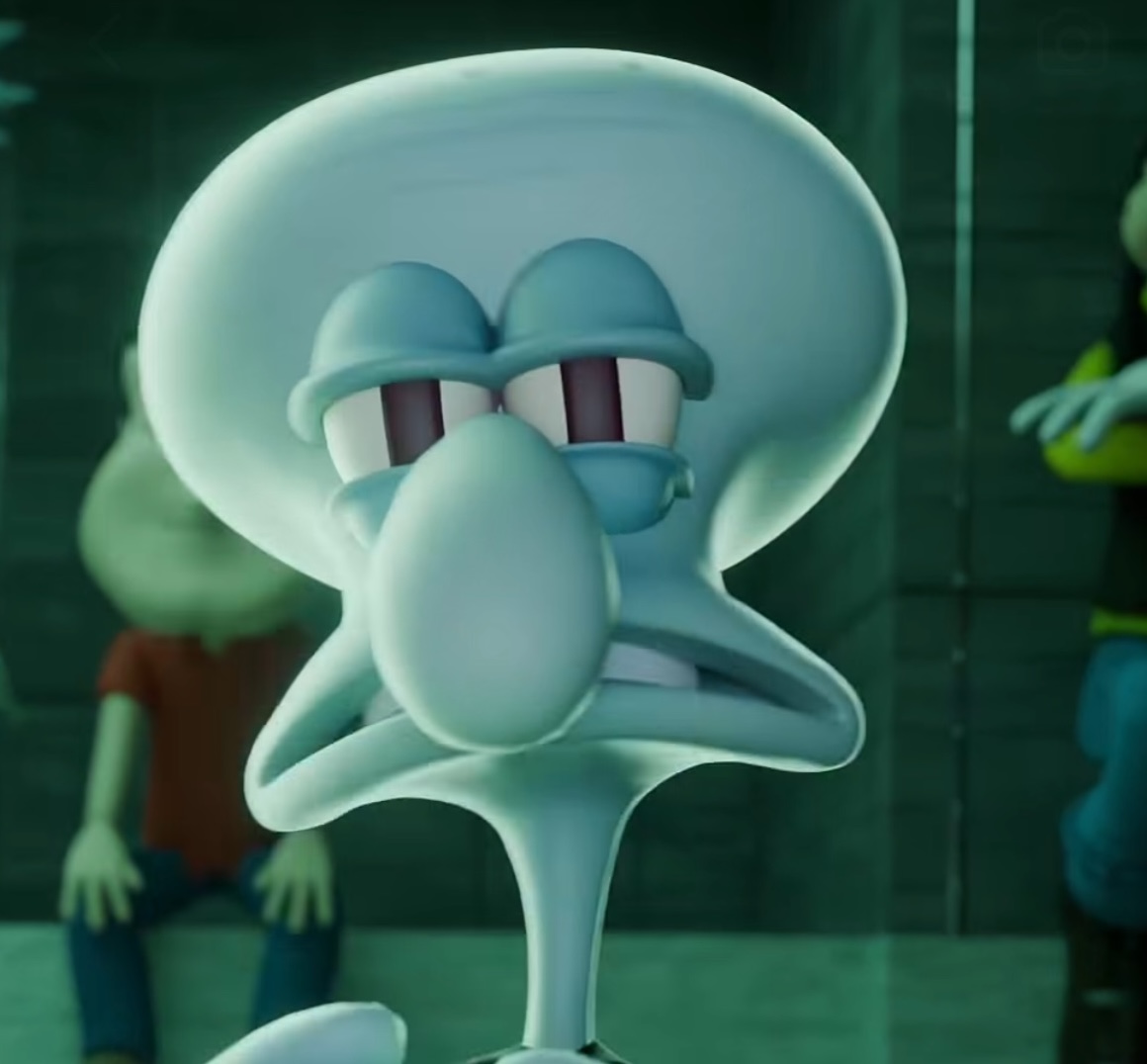 Close-up of a distorted, eerie 3D-animated Squidward character from Spongebob cartoon. Its from a viral animated short created with Rokoko mocap.