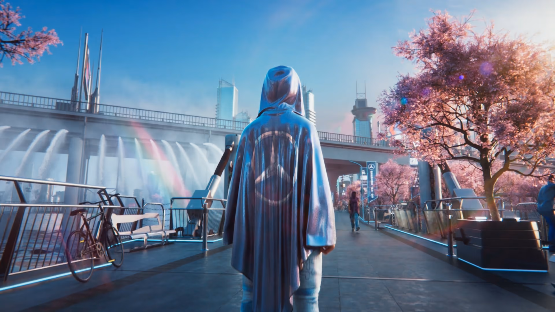 A hooded figure in a branded cloak walking through a futuristic cherry-blossom-lined plaza, from a freelance 3D project animated with Rokoko.