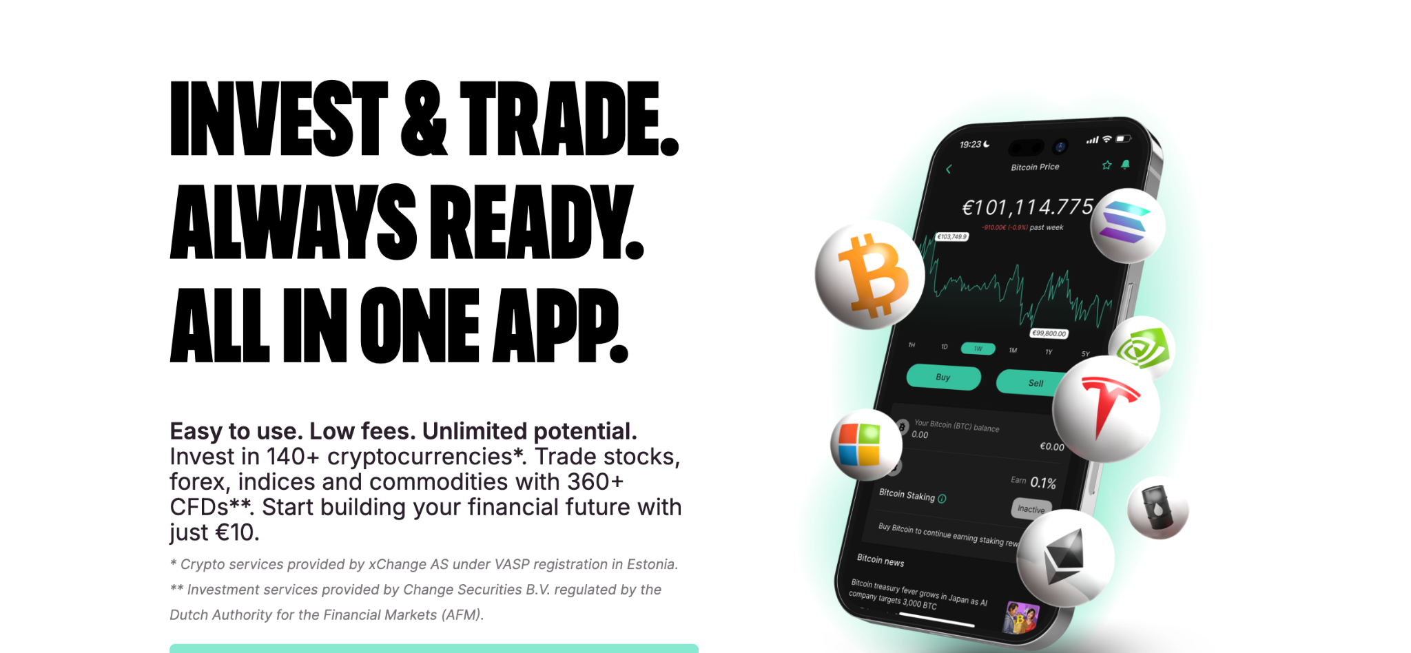 Safest crypto exchange app showing secure trading dashboard with multiple cryptocurrencies and stocks