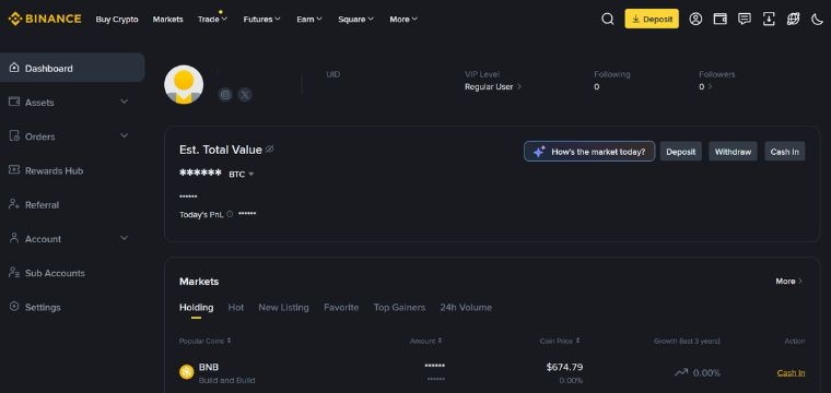 Binance dashboard interface showcasing crypto trading tools among leading Bitstamp alternatives in 2026