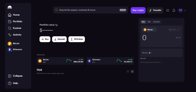 Kraken dashboard displaying Bitcoin, Ethereum trading tools, portfolio tracking, and investment features.