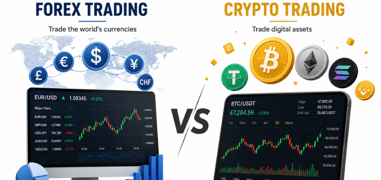 Cryptocurrency trading vs forex trading comparison showing market charts, currencies, and digital assets