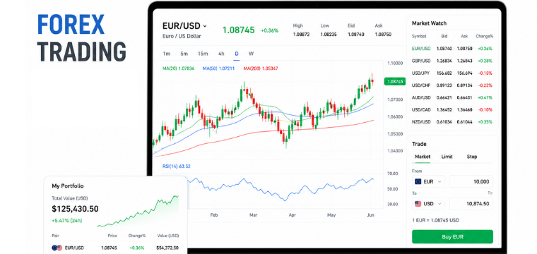 Forex trading platform displaying live forex charts and market trends