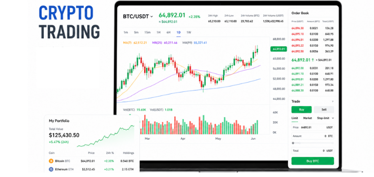 Cryptocurrency trading  dashboard showing live crypto market analysis and charts.