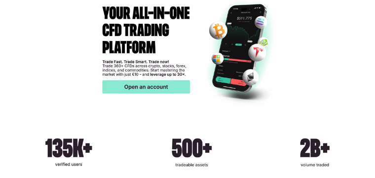 Mobile CFD trading platform featuring gold, cryptocurrency, and market charts