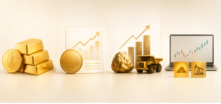 illustration showing gold assets, mining, and rising market performance