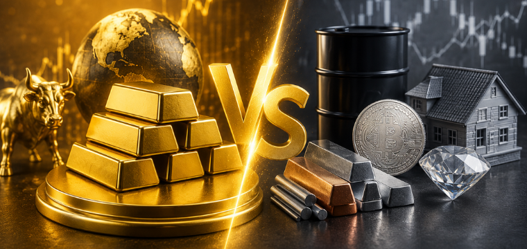 Gold bars compared with oil, real estate, crypto, and precious metal investments.