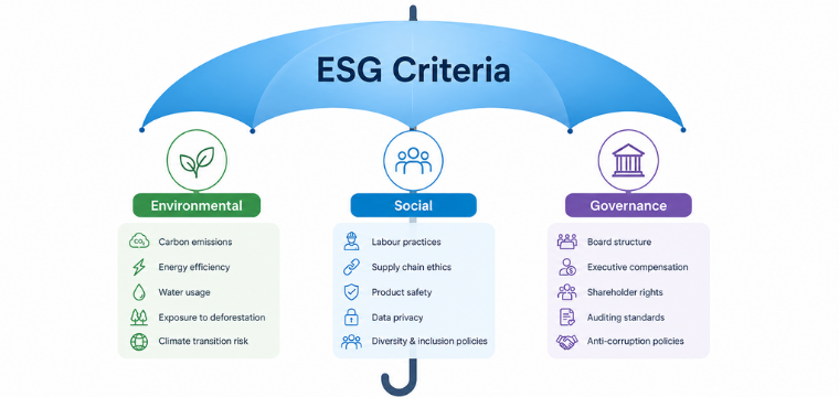 ESG criteria framework supporting socially responsible investing through environmental, social and governance factors.