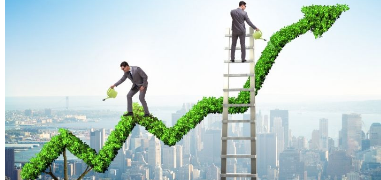 Businessmen watering a green upward arrow symbolising sustainable financial growth.