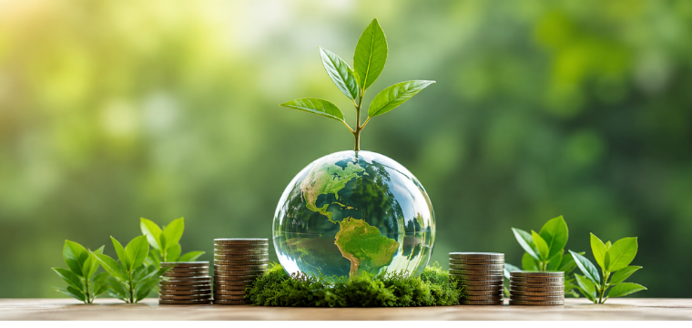 Globe with growing plant and coins symbolising socially responsible investing and sustainability