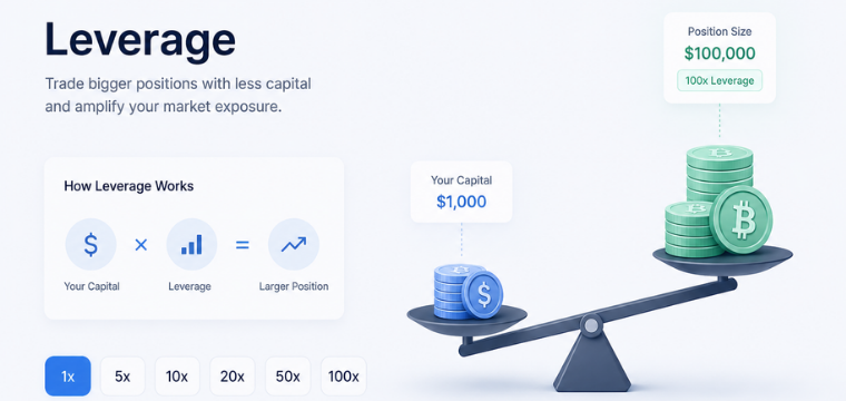 Crypto CFD leverage illustration showing amplified market exposure with a small capital investment