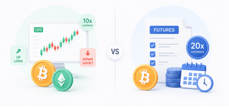 Crypto CFD trading vs crypto futures, comparing leverage, flexibility, and trading strategies