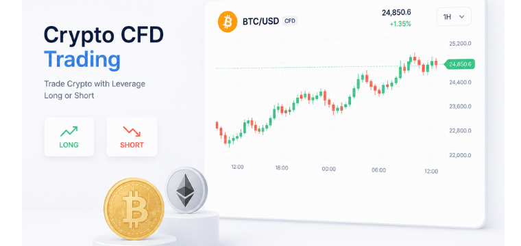 Crypto CFD trading illustration featuring Bitcoin, Ethereum, Solana, and Ripple markets