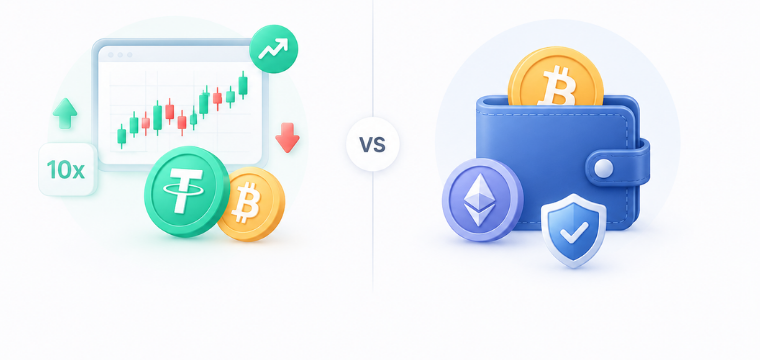 Crypto CFD trading versus crypto ownership, comparing leveraged trading and wallet storage