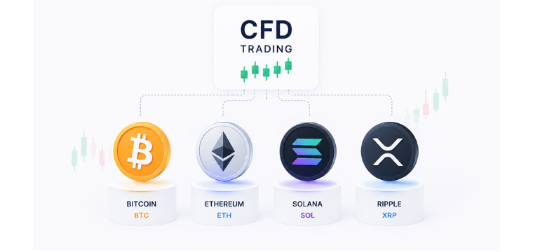 Crypto CFD trading markets featuring Bitcoin, Ethereum, Solana, and Ripple price speculation